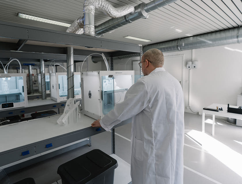 Un uomo dentro una stamperia che fa servizio di stampa 3D che stampa un oggetto con una stampante 3D.
