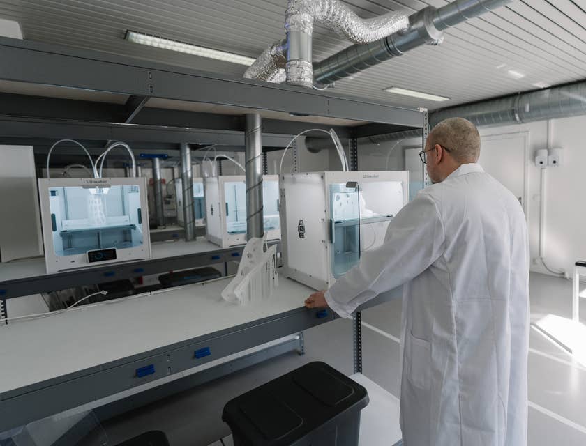 Un hombre en una bata de laboratorio blanca en un negocio de impresión 3D.