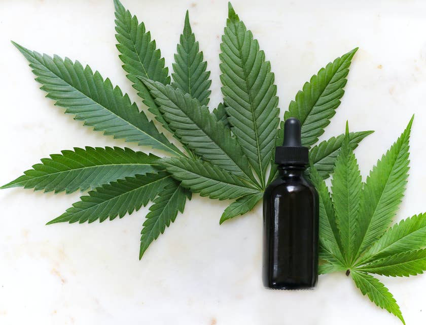 Alcune foglie di cannabis o marijuana situate dietro una bottiglietta di olio di cannabis o di CBD.