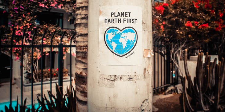Green sign on a lamppost that reads "Planet Earth First".