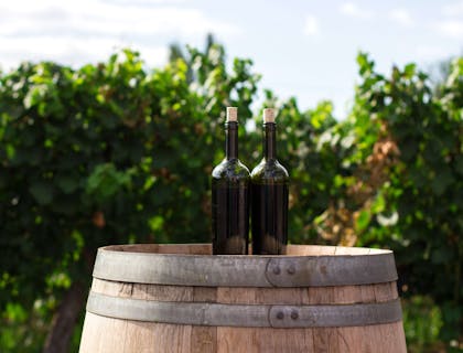 Due bottiglie di vino sfuso, o a mescita, sopra una botte nel giardino di un negozio di vini sfusi.