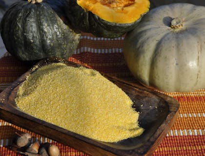 Farina di mais per polenta su un piatto bianco con delle zucche sullo sfondo.