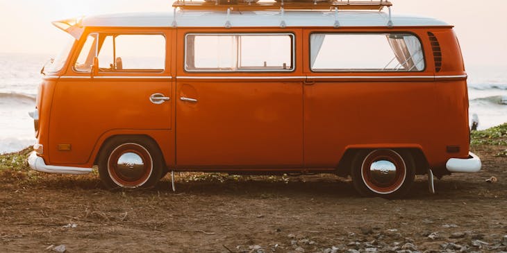 Two chilled people sitting on the roof of a camper van.
