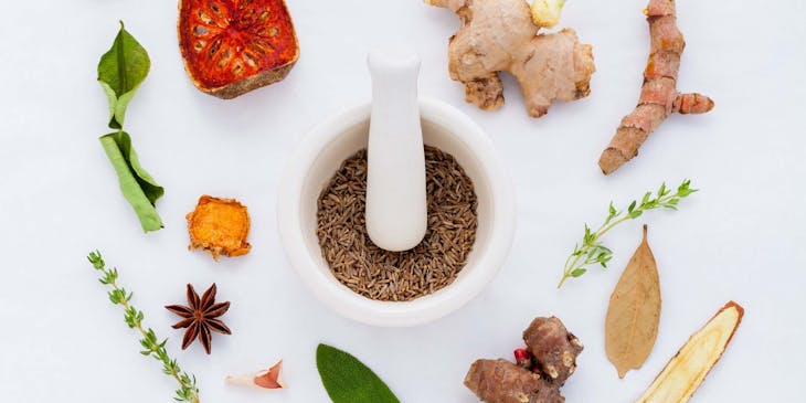 Herbs surrounded by a mortar and pestle for sale by an organic business.