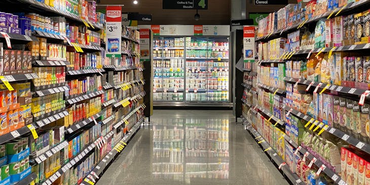 A fully stocked supermarket aisle.