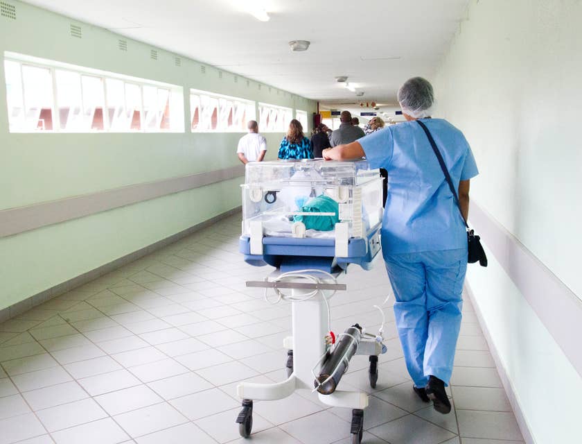 Una enfermera transportando a un bebé en una incubadora en un grupo de enfermería.