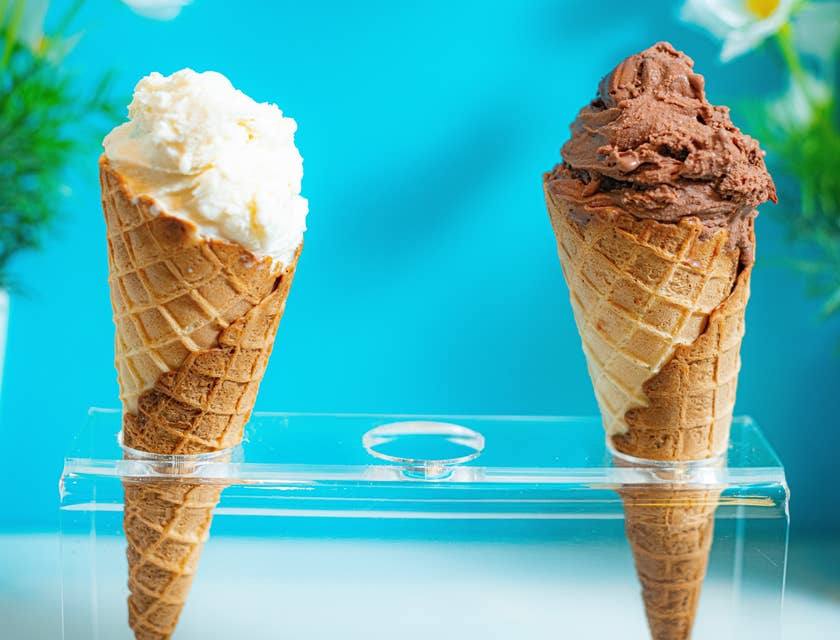Dos conos con helado y dos macetas con flores en el fondo en una heladería.