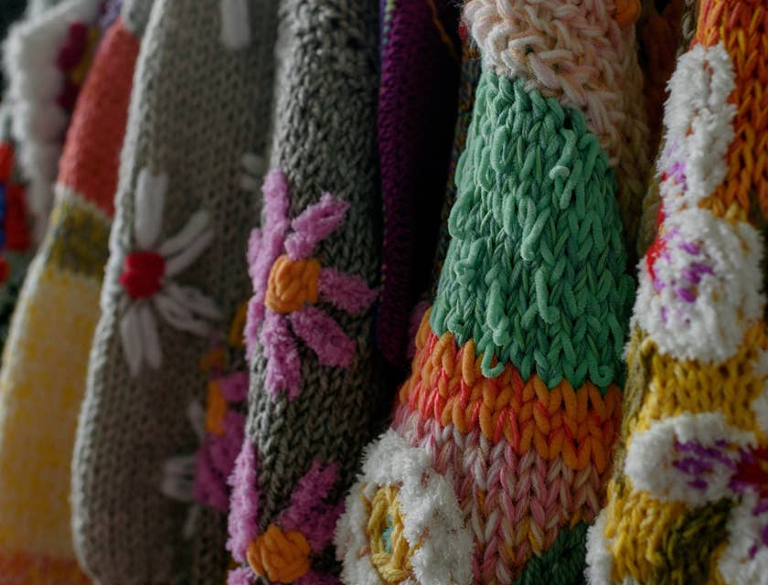 Suéteres con motivos florales colgados en un negocio de accesorios de alpaca.