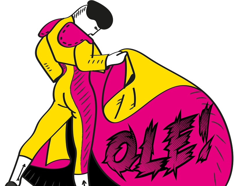 Pintura de un torero y su capote con la palabra olé y un signo de admiración.