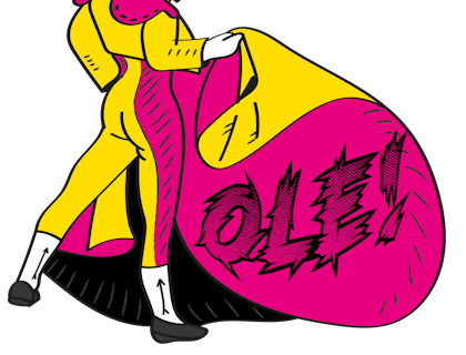 Pintura de un torero y su capote con la palabra olé y un signo de admiración.