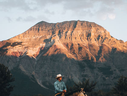 La imagen de un vaquero sentado en un caballo a lado de un perro en el campo en una tienda vaquera.