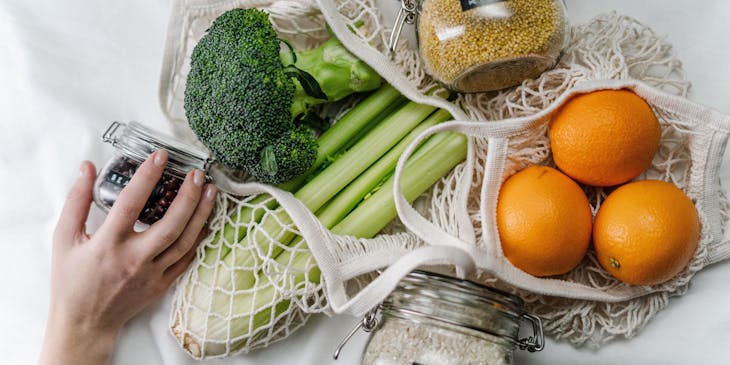 Food items in eco-friendly packaging purchased at a zero waste store.