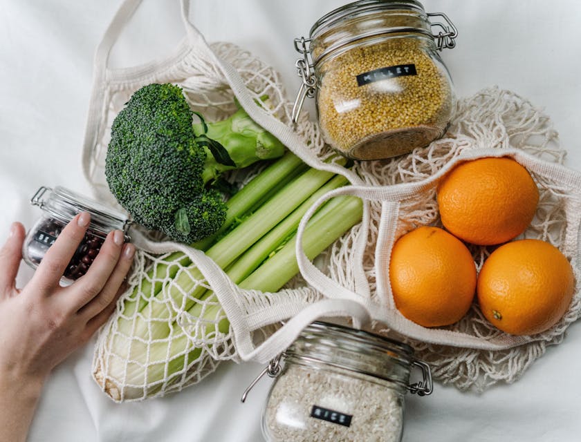 Food items in eco-friendly packaging purchased at a zero waste store.