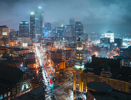 Aerial view of Indianapolis, Indiana, at night.