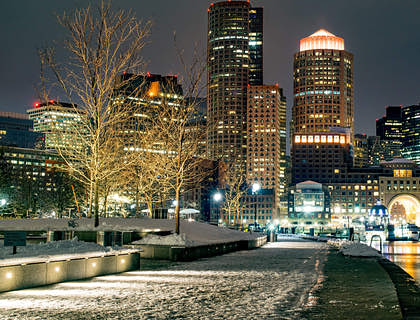 A view of Boston, Massachusetts city lights at night.
