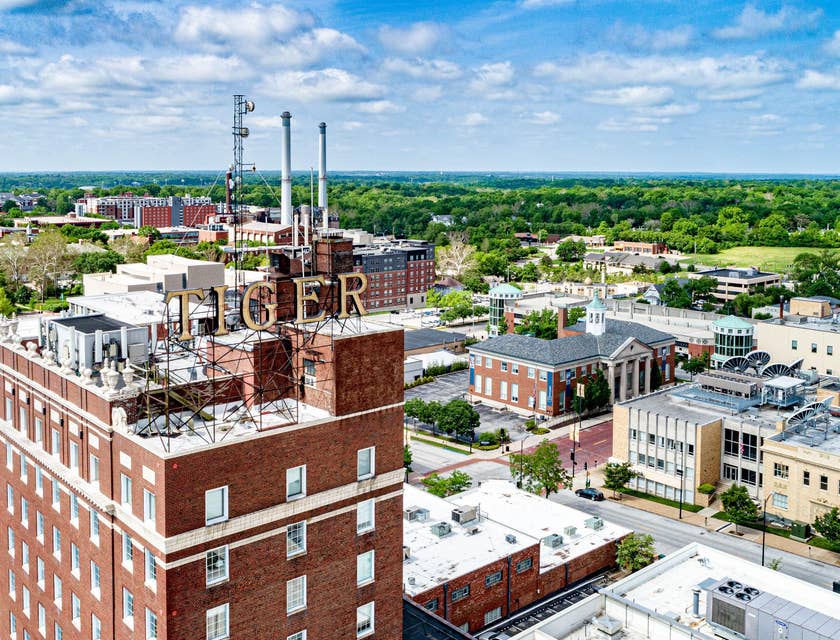 Aerial view of buildings in Columbia, Missouri.