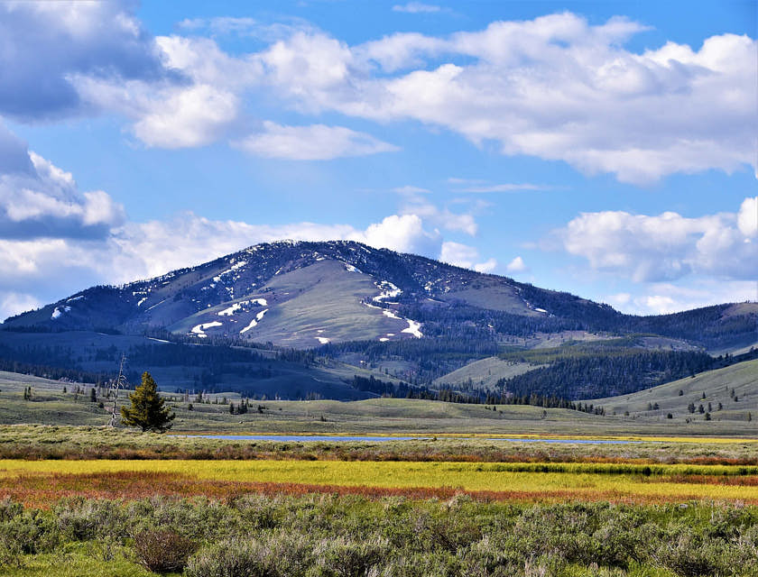 A view of grassfields and mountains in Gardiner, Montana.