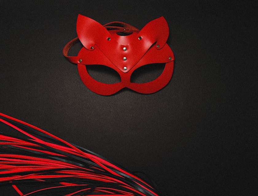 A mask and whip sold at an adult store on a black background.