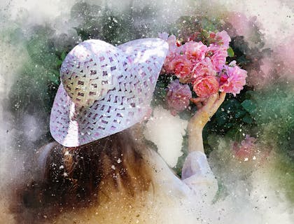Pintura de una niña con sombrero sosteniendo rosas en un negocio con nombre estético