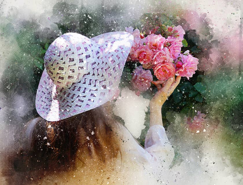 Un dipinto molto estetico di una ragazza di spalle con in mano un mazzo di fiori.