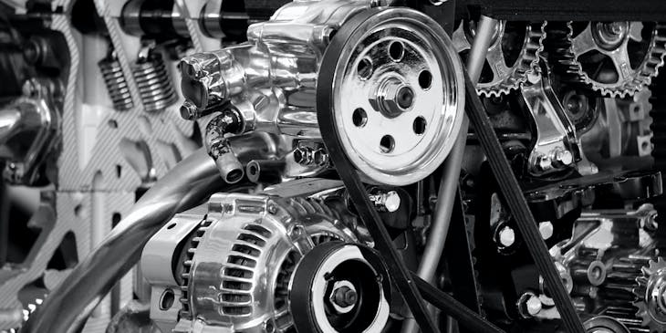 A close-up of an engine at an auto parts and supply business.