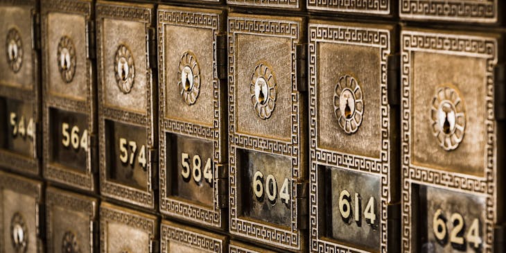 A row of lock boxes in a bank or credit union.