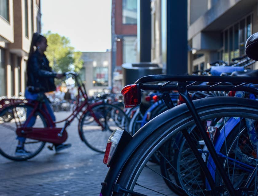 Bicyclettes et vélos alignés et stationnés dans un parking à vélos.