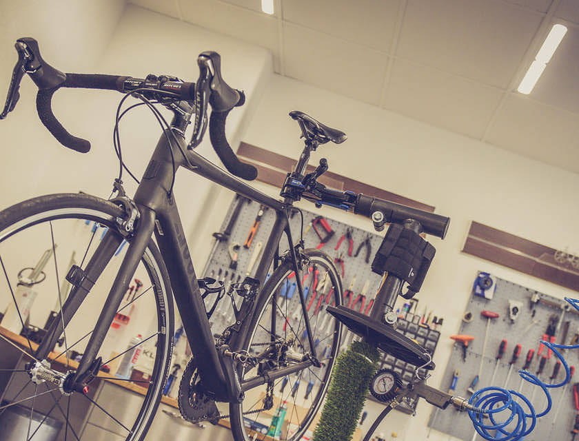 A bike undergoing maintenance and repairs.