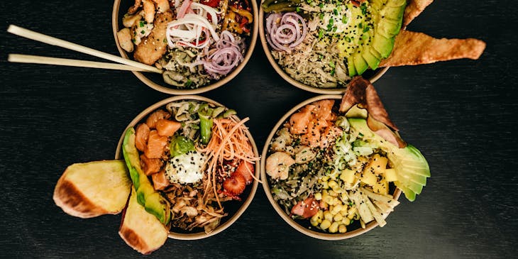 An assortment of savory bowls of food served at a bowl restaurant.