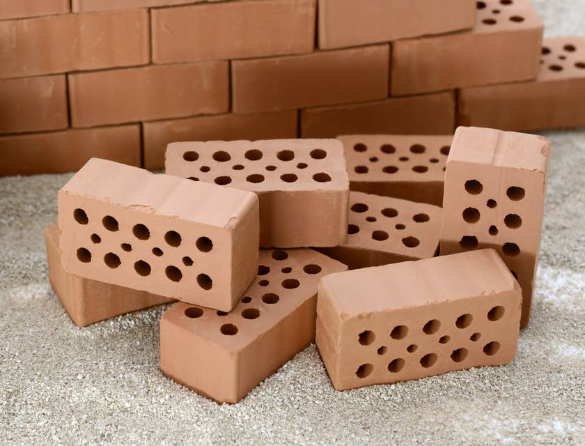 A pile of bricks ready for use by a bricklaying business.