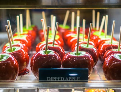 Tray of candy apples with a notecard saying "dipped apple"