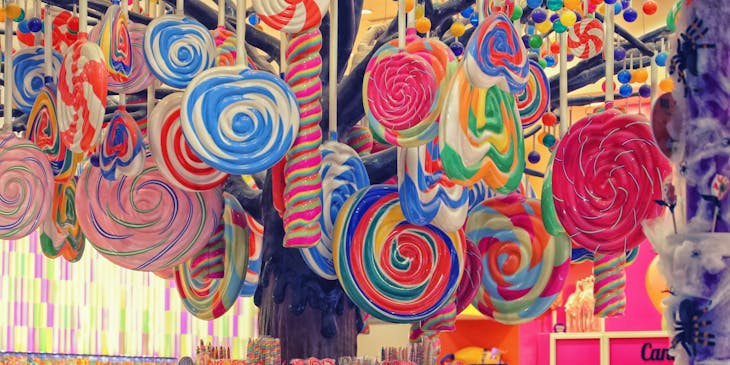 Lollipops hanging in a candy store.