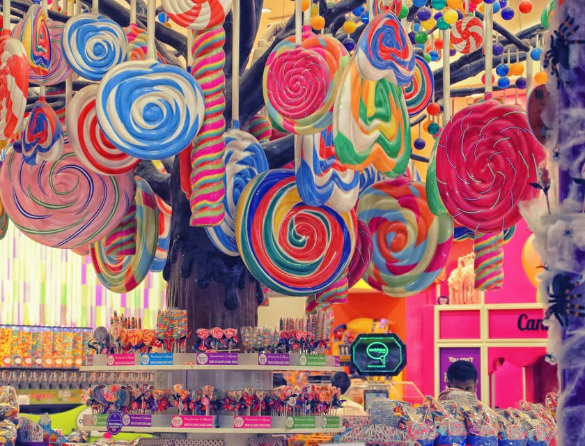 Bunte Lutscher hängen in einem Süßigkeiten-Shop von der Decke.