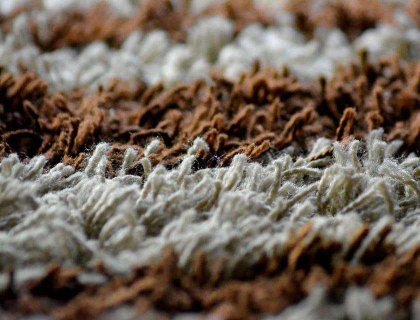 Eine Nahaufnahme eines, von einer professionellen Teppichreinigung, gereinigten weiß-braunen Teppichs.