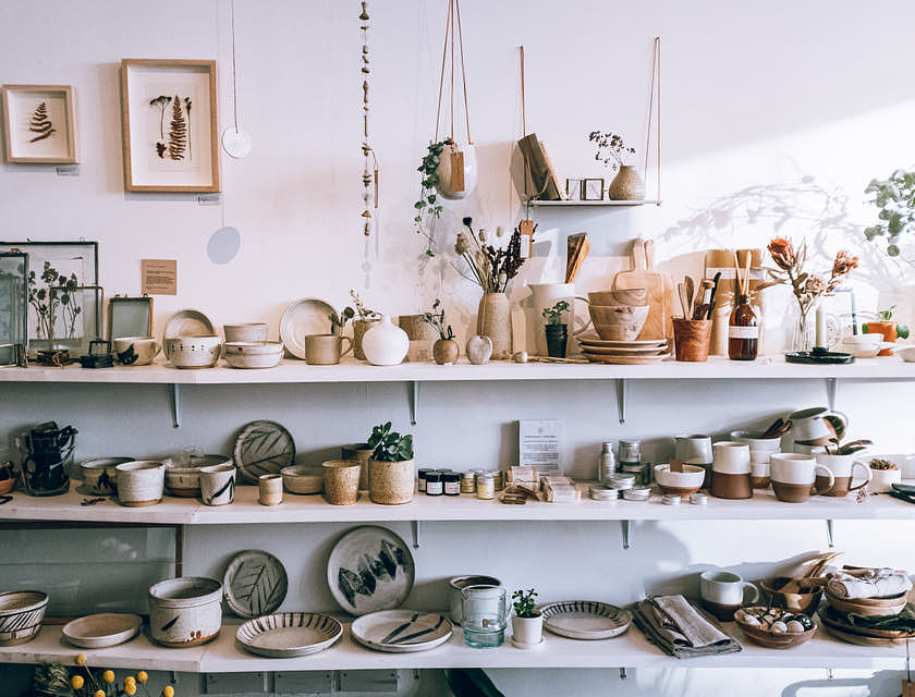 L'interno di un concept store con delle mensole piene di piante, vasi e altri articoli.