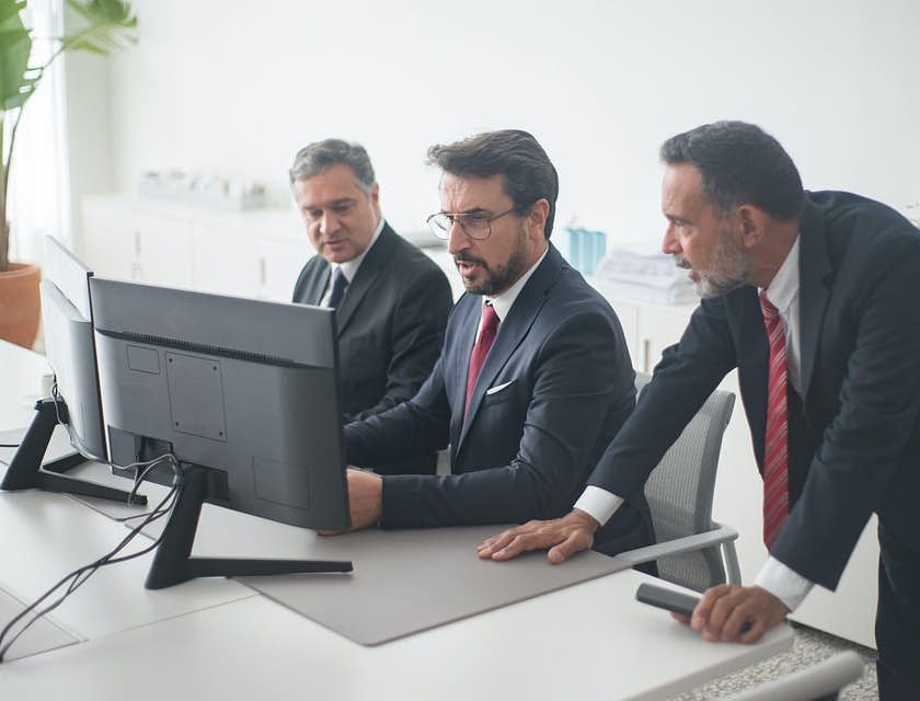 Un equipo corporativo revisando el plan de negocios de una corporación.