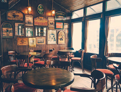 An empty, dimly-lit country bar business.