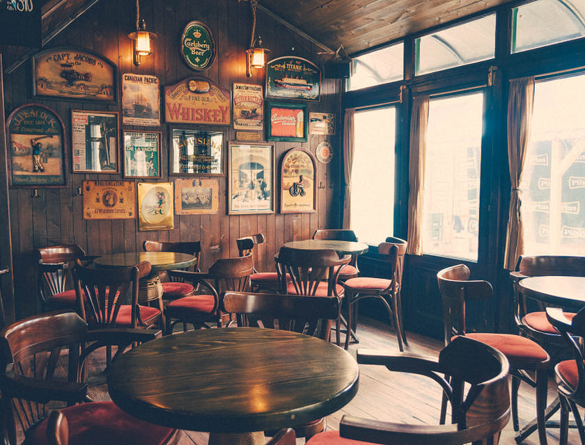 An empty, dimly-lit country bar business.