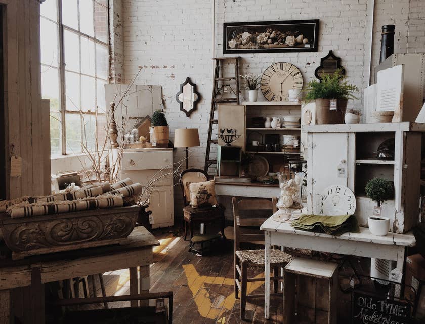 The interior of a curio shop that sells furniture and other vintage items.