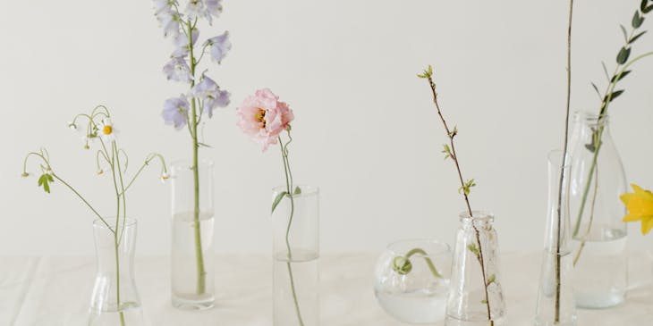 Flowers in clear pots.