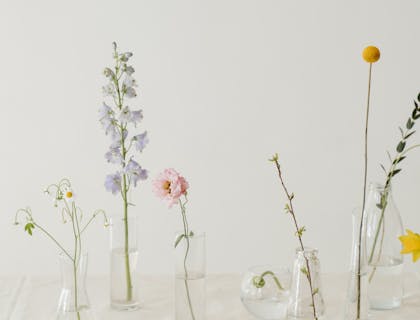 Flowers in clear pots.