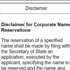 Revisa el disclamer para las reservas de nombres corporativos.