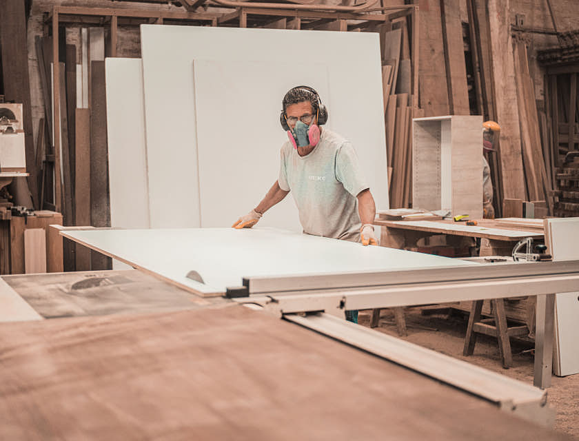 Homem levantando gesso acartonado.
