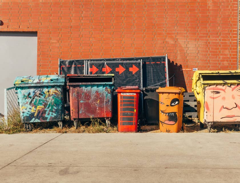 Colorful dumpsters of all sizes.