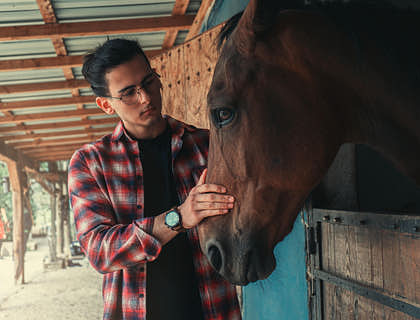 A man stroking a horse at an equine therapy business.