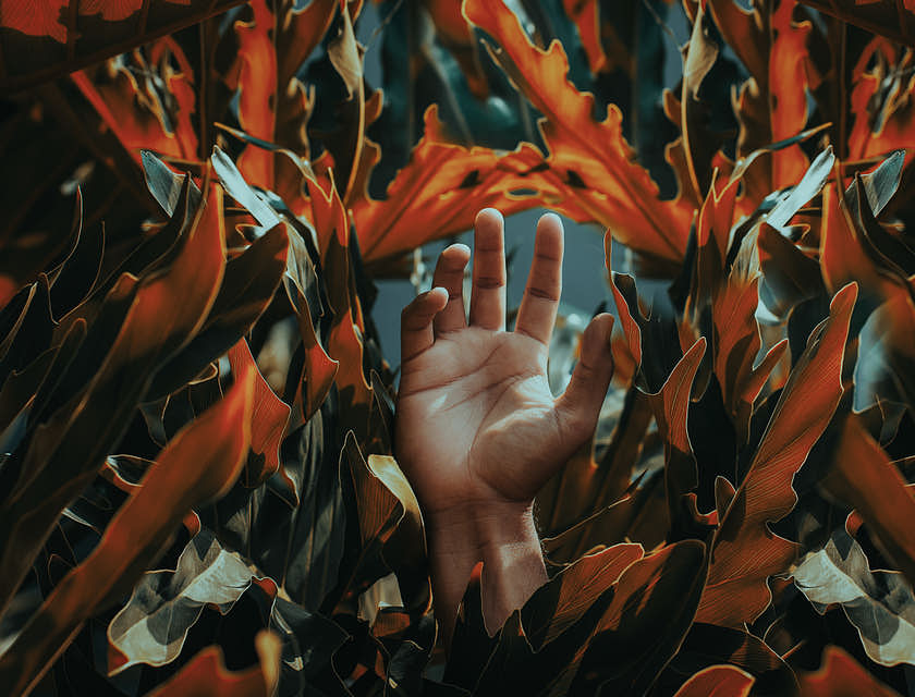Une main parmi les plantes exotiques d'orange brûlée.