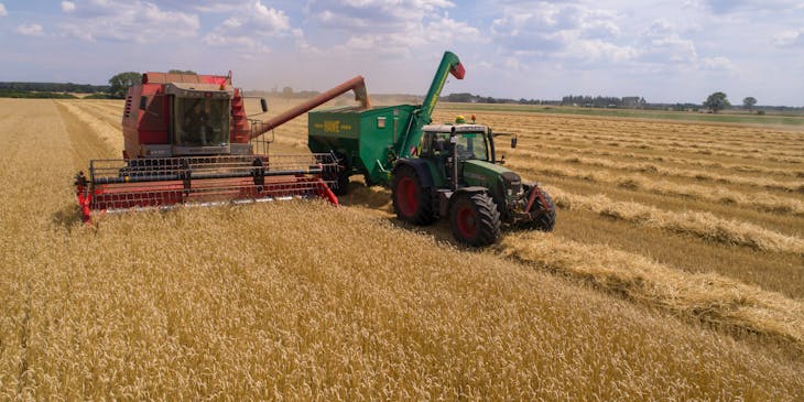 Tractor and combine in a wheat field.