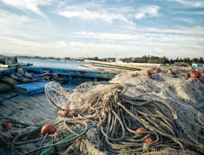 Filets de pêche se trouvant sur la proue d'un bateau.