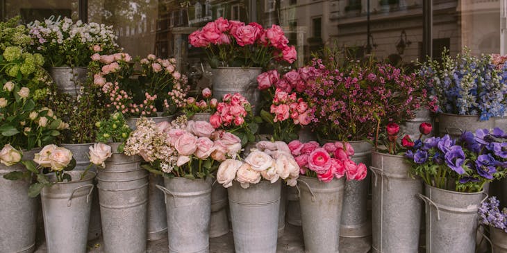 Tall buckets of pink and blue flowers outside a florist.