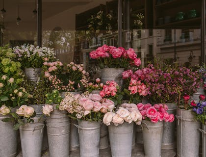 Cubetas de flores rosas y azules afuera de una florería.